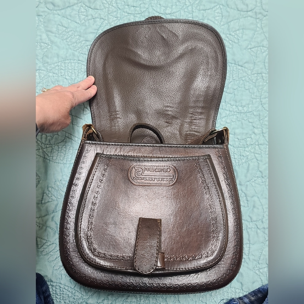 Brown and Tan Leather Saddle Bag Purse, Anna Del Sol, Crossbody Bag - Picture 6 of 14
